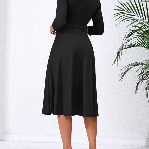 Women's Wrap Midi Dress V-Neck Flared Sleeve Casual Party Wedding Guest - Picture 4 of 6